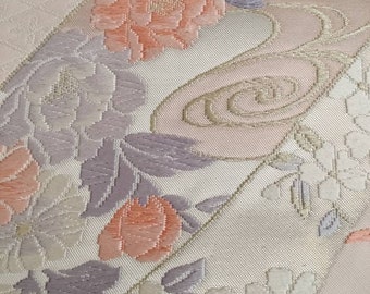 Beautiful vintage Japanese silk Nagoya obi, w/ chrysanthemum  flowers  , mandarin ducks and maple leaves flowers woven pattern pink ground.