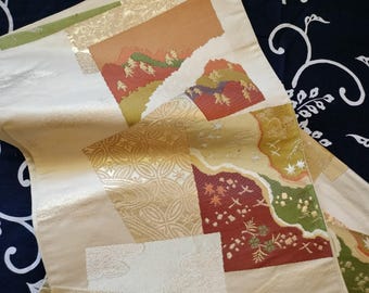 Vintage Japanese Fukuro cream and gold with woven shikishi pattern.  Decorative and charming scenes from natural world.