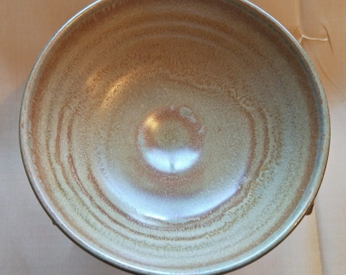 Vintage Japanese hand-made glazed tea bowl.  brown and cream glaze with stoneware body.  Summer teabowl