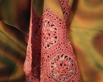 Vintage Japanese autumn fabric shawl for kimono with crochet and ribbon work detailing. Beautiful crochet work.