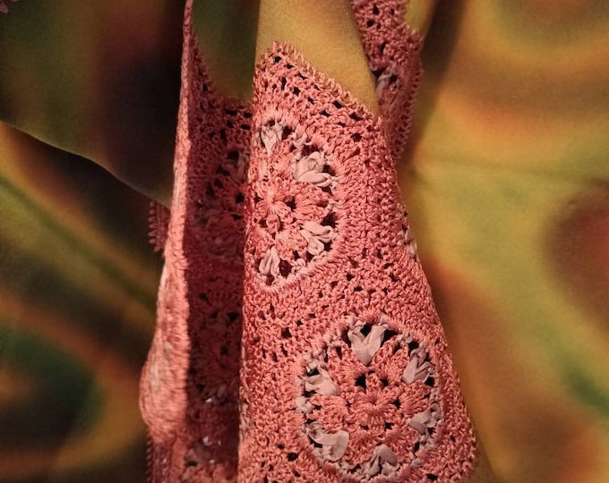 Vintage Japanese autumn fabric shawl for kimono with crochet and ribbon work detailing. Beautiful crochet work.