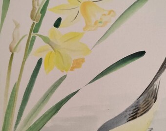 Vintage Hand painted Japanese shikishi watercolour painting of bird with daffodils  signed. Delicate and subtle