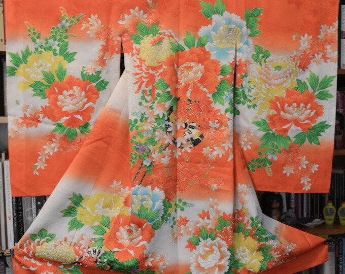 Vintage Japanese orange and cream kids kimono w/ camellia and maple leaves  gold detail. Not Mint