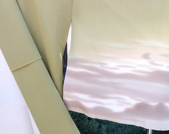 Vintage 1990's Japanese  handsewn kimono with olive green with artisan work of river poles at sunrise. Signed work