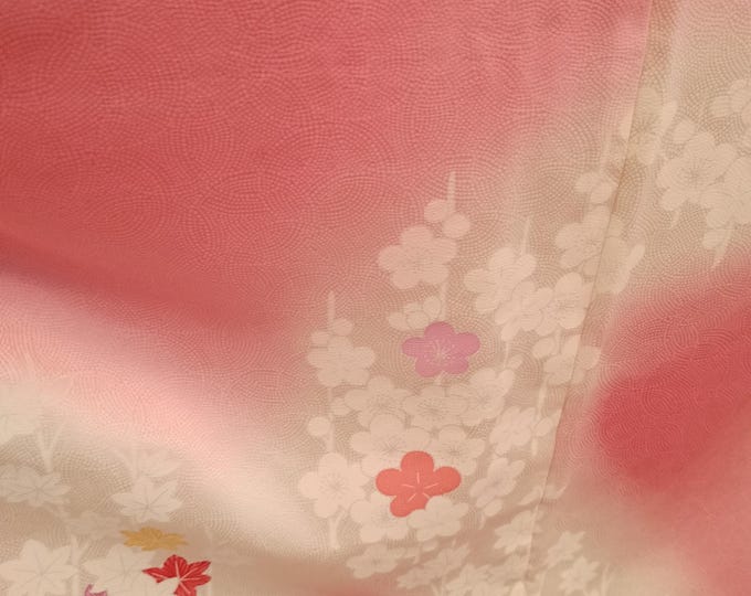 Vintage 1990's Japanese  handsewn silk kimono deep strong pink colour decorated w/ ume blossom, maple leave and subtle dot design. Dramatic