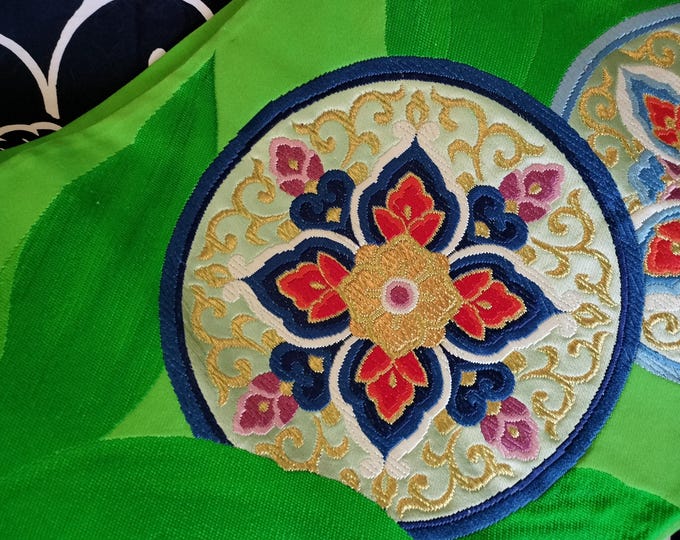 Vintage Japanese Fukuro obi green silk woven . Floral medallion design in bright vivid colours.