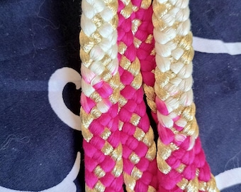 Vintage Japanese silk kumihimo obi-jime cord for wearing with kimono and obi flat type. Dark Magenta pink with gold and cream. Gold metallic