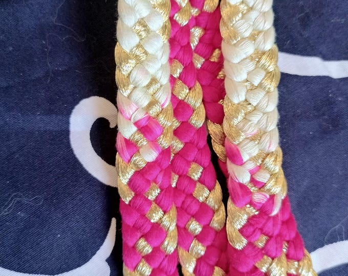 Vintage Japanese silk kumihimo obi-jime cord for wearing with kimono and obi flat type. Dark Magenta pink with gold and cream. Gold metallic
