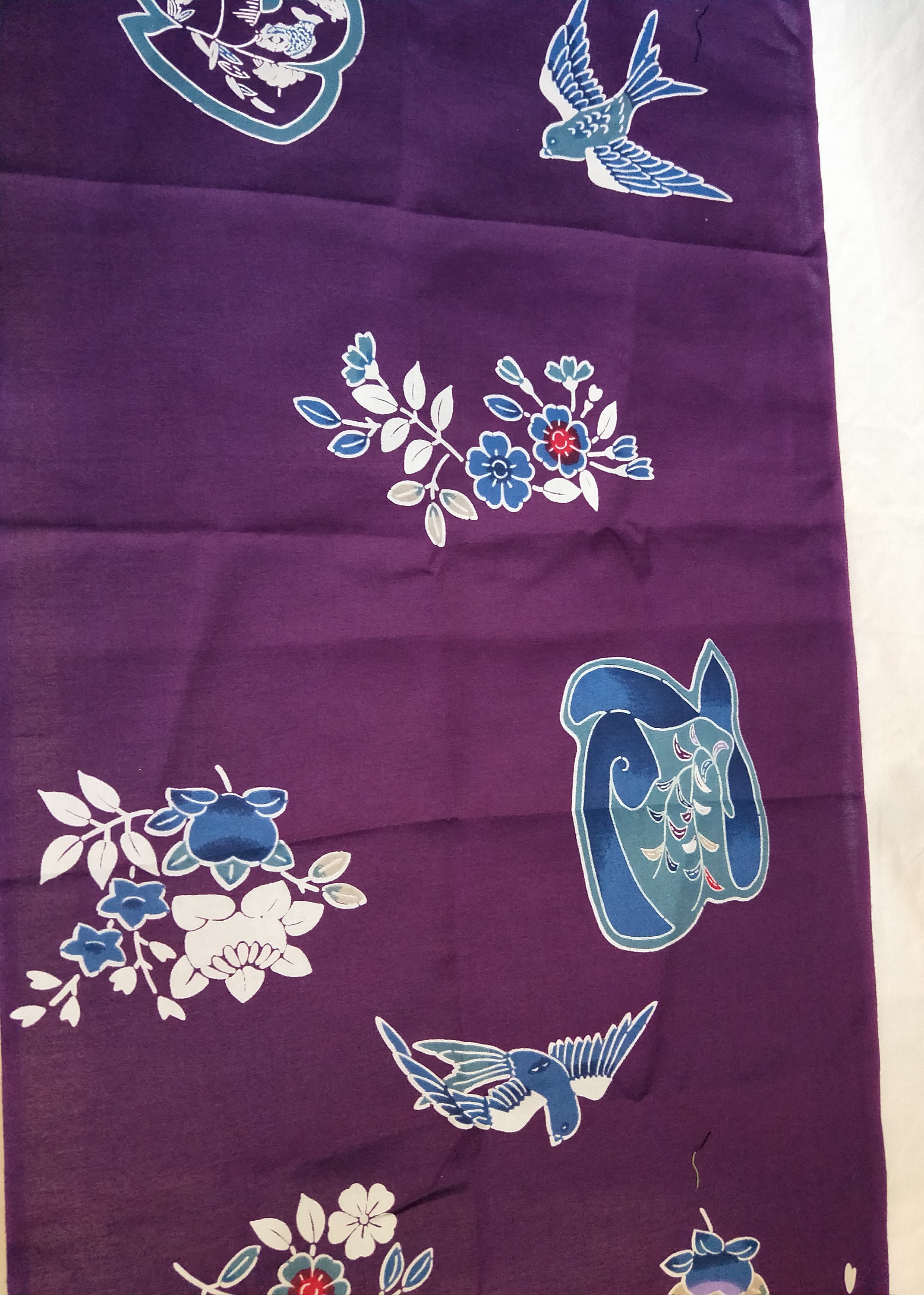 Japanese kimono purple cotton yukata fabric bingata style dyed bird and