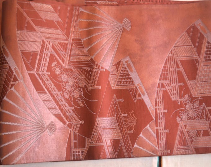 Vintage Japanese Fukuro obi with antique screens and fans, a woven design.  A light catching design subtle and  elegant. Copper brown.