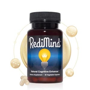 May include: A brown bottle of RediMind dietary supplement with a black cap. The label features the brand name and a graphic of a lightbulb. The bottle contains 30 vegetable capsules and is a natural cognitive enhancer.