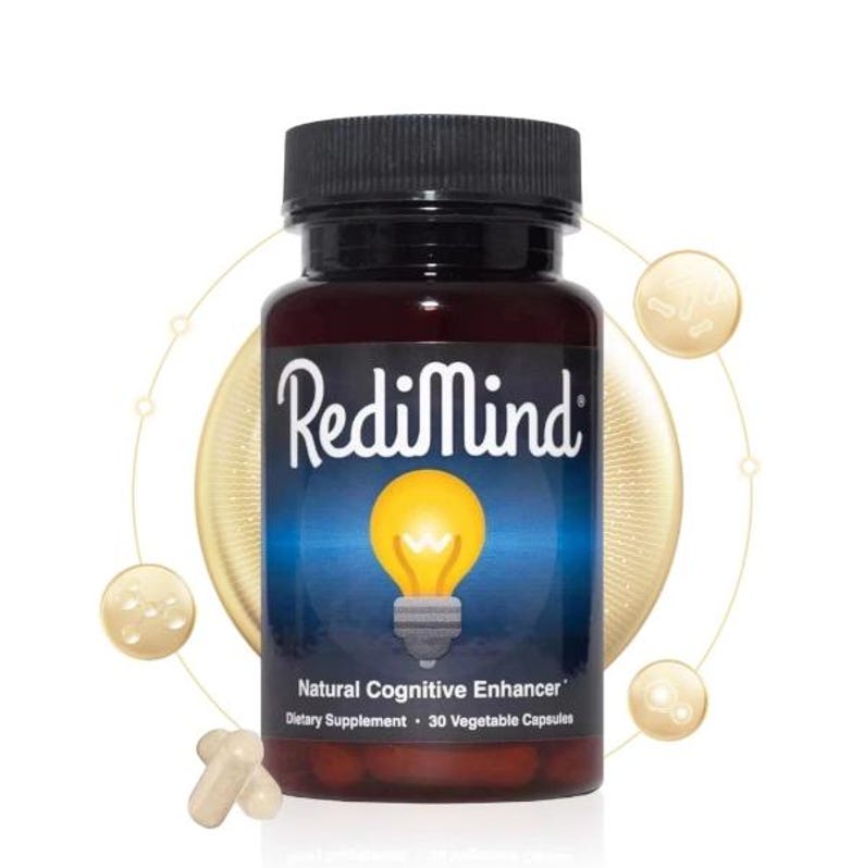 May include: A brown bottle of RediMind dietary supplement with a black cap. The label features the brand name and a graphic of a lightbulb. The bottle contains 30 vegetable capsules and is a natural cognitive enhancer.