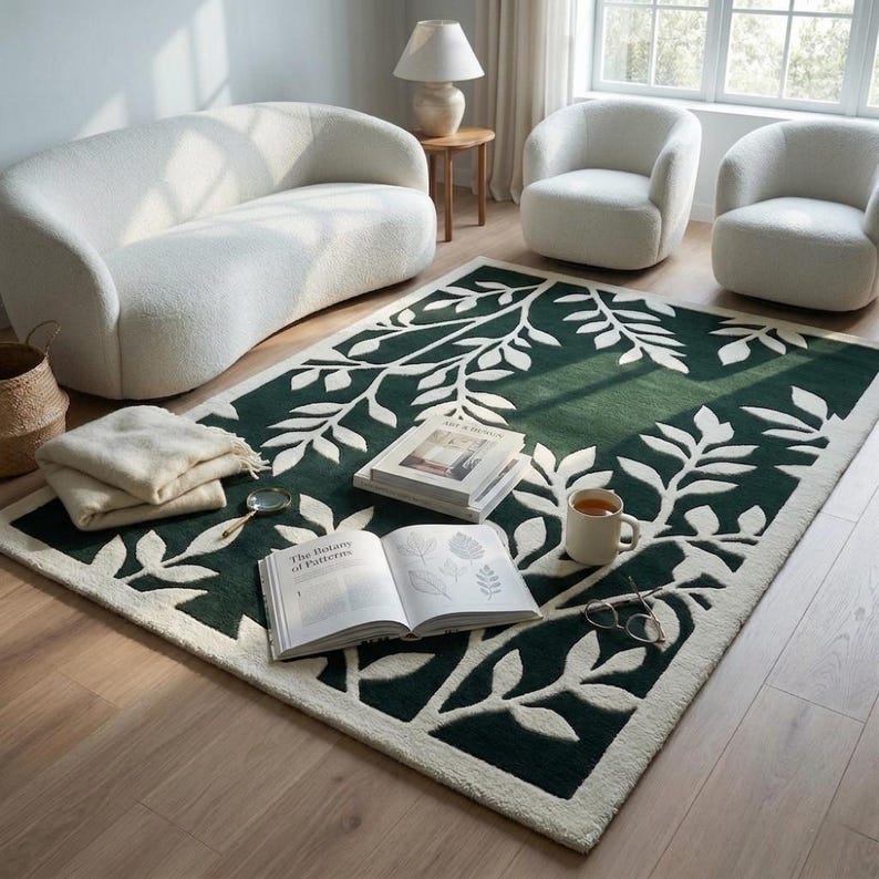 Tapijt met botanische bladeren, handgetuft tapijt, donkergroen bloementapijt, cottagecore woonkamerdecor, esthetisch neutraal crème randtapijt afbeelding 7