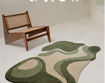 Handgemaakt vloerkleed, golvend onregelmatig vloerkleed, mosgroen vloerkleed, abstract getuft vloerkleed in mid-century modern stijl, groen vloerkleed voor de woonkamer, 6x9, 7x10, 9x12 ft.