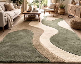 Golvend abstract wollen vloerkleed – saliegroen, crème vloerkleed met organische vorm
