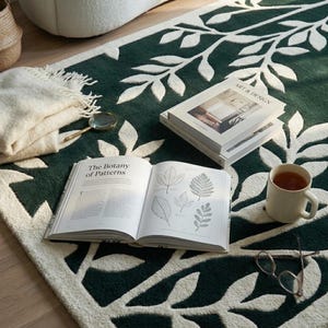 Op de afbeelding: Een donkergroen vloerkleed met een wit bladpatroon met een open boek getiteld The Botany of Patterns, een boek getiteld Art & Design, een witte mok, een vergrootglas, een bril en een opgevouwen cr&egrave;mekleurig textielstuk.
