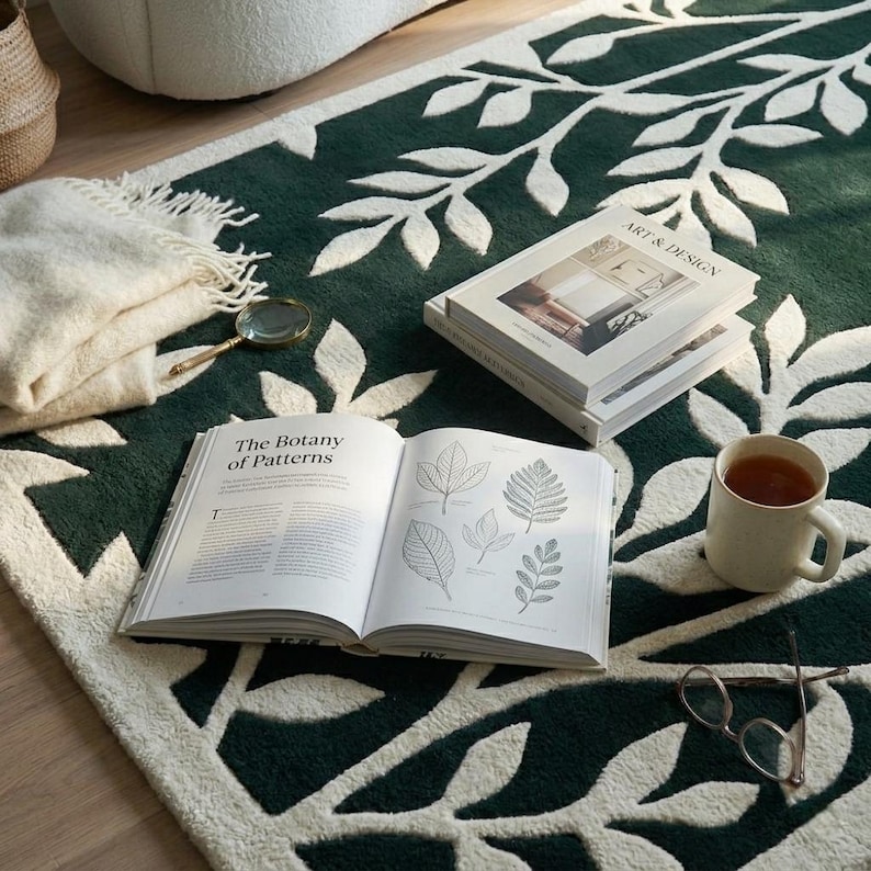 Op de afbeelding: Een donkergroen vloerkleed met een wit bladpatroon met een open boek getiteld The Botany of Patterns, een boek getiteld Art & Design, een witte mok, een vergrootglas, een bril en een opgevouwen cr&egrave;mekleurig textielstuk.