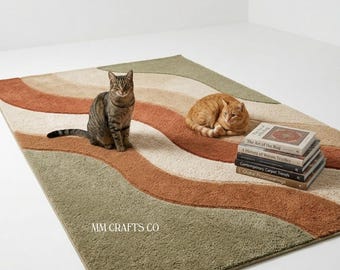 Golvend tapijt met terra en mos, handgetuft tapijt, modern golftapijt uit het midden van de eeuw, saliegroen gebrand oranje tapijt, retro aardse kamerinrichting jaren 70