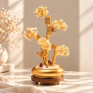 May include: A decorative tree sculpture featuring a gold-colored bamboo-style trunk and branches adorned with clusters of small, translucent yellow citrine-like crystal chips, set in a round gold bowl on a circular dark wood base.