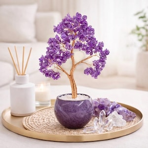 Árbol de la Vida de Cristal de Amatista en Maceta de Cerámica, Decoración Feng Shui Reiki Artesanal, Adorno de Cristal de Sanación Espiritual, Regalo para la Decoración del Hogar