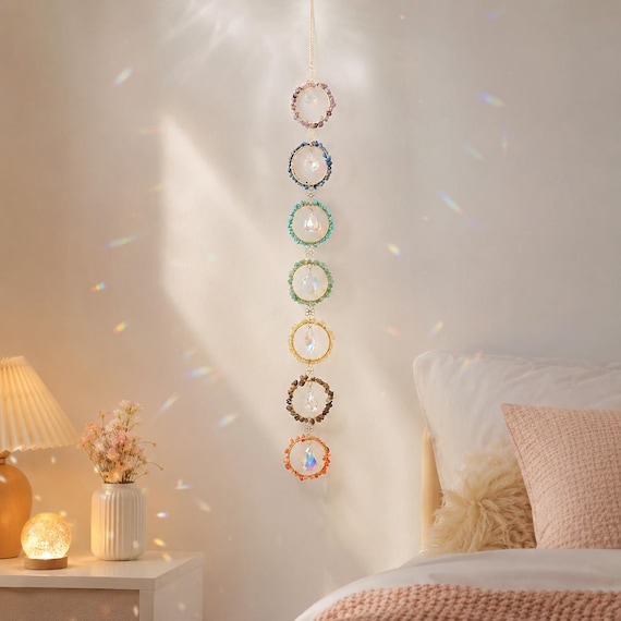 7 Chakra Crystal Suncatcher Rainbow Maker, Natural Gemstone Window Hanging, Boho Home Decor, Sun Catcher for Bedroom Meditation Room