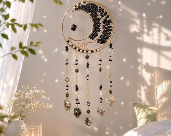Obsidian Crystal Moon Dream Catcher, Tree of Life Suncatcher, Wind Chime Hanging Decor, Boho Garden Decor, Xmas Decor, Crystal Gift For Him