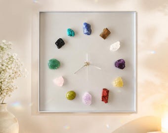 Crystal Wall Clock, Natural Gemstone Wall Clock, 12 Stone Mineral Art Decor, Boho Home Decor, Modern Wall Art, Housewarming Birthday Gift