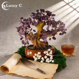 Amethyst Kristall Baum des Lebens, Feng Shui Geldbaum Dekor, Naturheilkristalle, handgefertigter Edelstein Bonsai, Schreibtisch Wohnkultur Geschenk für Sie