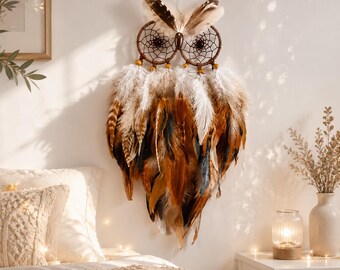 Owl Dream Catcher Wall Hanging, Boho Feather Decor, Unique Handmade Gift, Owl Home Decor, Bedroom Wall Art, Nature Inspired Room Decoration