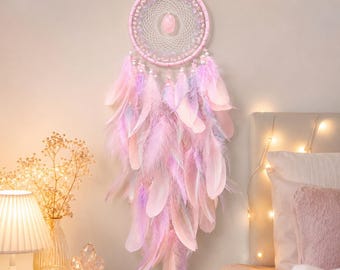 Pink Crystal Dream Catcher, Large Feather Wall Hanging, Rose Quartz Room Decor, Boho Home Decor, Christmas Gift, Romantic Gift For Her