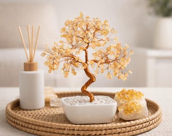 Arbre en cristal de citrine, décoration de bonsaï avec pierres précieuses, arbre d'argent Feng Shui, arbre en cristal jaune, cadeau déco de bureau, décoration de méditation à la maison