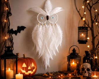 White Owl Dream Catcher, Halloween Decor, Boys Room Wall Hanging, Feather Owl Decor, Nursery Decor, Birthday Christmas Gift, Gift For Boys