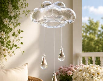 Glass Cloud Wind Chime, Rain Drop Suncatcher Hanging Decor, Handmade Home Decor, Balcony Garden Ornament, Birthday Gift, Back to School Gift