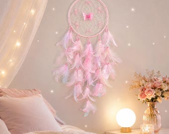 Pink Butterfly Dream Catcher, Boho Wall Hanging Decor, Nursery Room Decor, Feather Wind Chime, Bedroom Decoration, Gift for Her