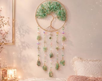 Green Aventurine Crystal Dream Catcher, Tree of Life Wall Hanging, Gemstone Wind Chime, Boho Bedroom Decor, Gift for Her, Home Decor