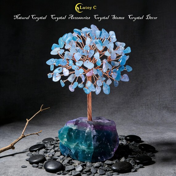 Natural Aquamarine Crystal Tree with Fluorite Base, Money Tree Bonsai, Feng Shui Home Office Desk Decor, Healing Crystal Gift