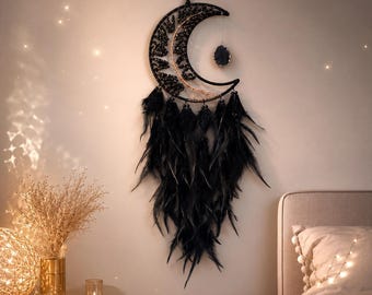 Black Obsidian Dream Catcher Wall Hanging, Moon Dreamcatcher Decor, Gothic Bedroom Decor, Boho Wall Art, Crystal Dream Catcher Gift