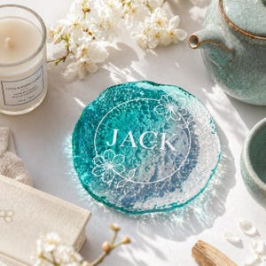 Benutzerdefinierter Name Untersetzer, personalisierter Glasuntersetzer, grünes Eis-Crack-Getränkeuntersetzer, Glastablett, hitzebeständiges Dekor, Geschenk für sie, Wohnkultur