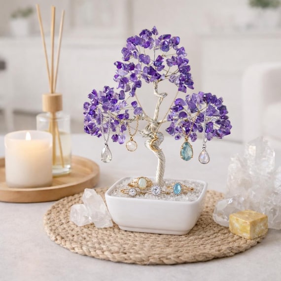 Amethyst Crystal Tree Jewelry Organizer, Gemstone Jewelry Tree, Necklace Holder Stand, Ring Holder, Aesthetic Home Decor, Gift for Her