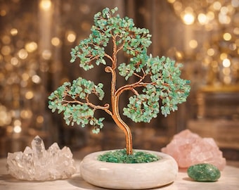 Green Aventurine Crystal Tree Decor, Gemstone Bonsai Tree, Jade Base Ornament, Feng Shui Lucky Tree, Handmade Desk Decor, Gift for Mum