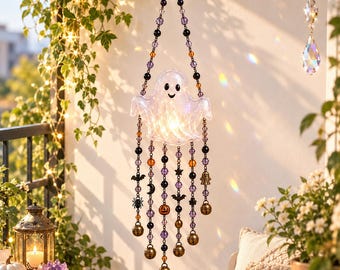 Campanelli a vento a forma di fantasma di Halloween, graziose decorazioni da appendere con perline, acchiappasole spettrale a forma di fantasma, decorazioni per portico e giardino, regalo di Halloween, regalo divertente per lui