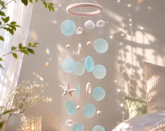 Blue Seashell Starfish Wind Chime, Coastal Beach House Decor, Ocean Hanging Decor, Balcony Patio Ornament, Summer Gift, Beach Lover Gift