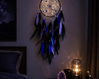 Blue Feather Dream Catcher with Lights, Mens Bedroom Wall Decor, Boho Dorm Room Decor, Gift for Him, Christmas Gift, Halloween Decor