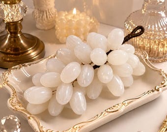 White Jade Grape Ornament, 25 Stone Grape Cluster, Faux Fruit Sculpture, Luxury Table Decor, Kitchen Centerpiece, Housewarming Gift