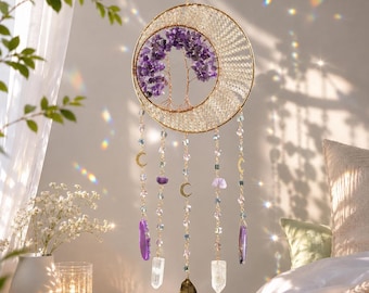 Amethyst Clear Quartz Dream Catcher, Crystal Wall Hanging, Wind Chime Suncatcher, Tree of Life Decor, Room Decor, Christmas Halloween Gift