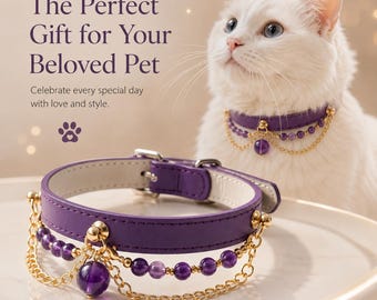 Personalized Amethyst Pet Collar, Crystal Dog Collar, Cat Collar, Custom Name Pet Jewelry, Handmade Leather Collar, Christmas Pet Gift