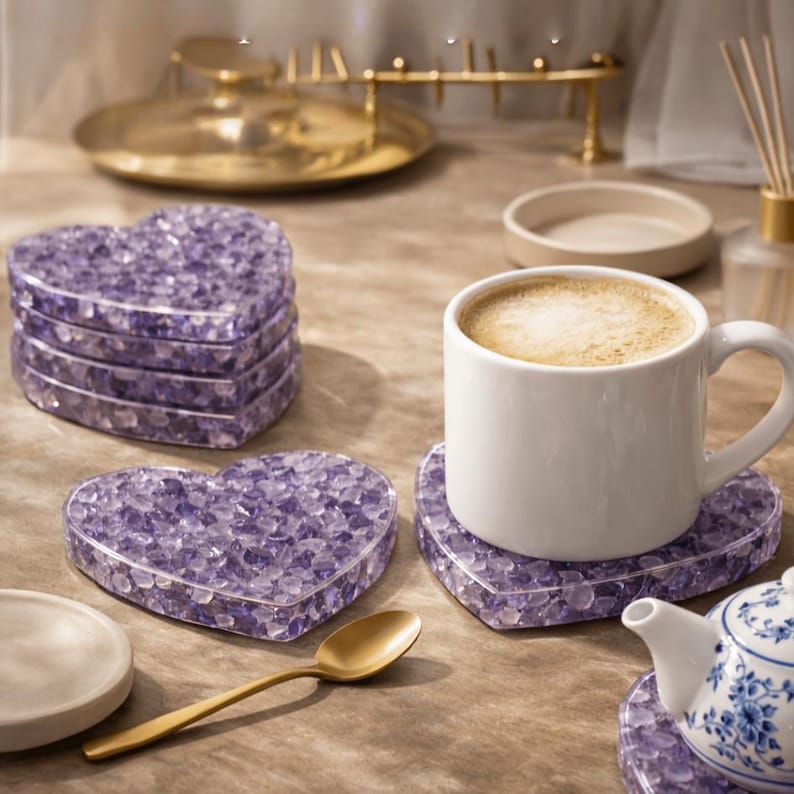 Purple home - Heart shaped amethyst crystal coasters