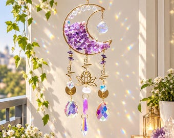Acchiappasole Albero della Vita in ametista, carillon a vento a forma di luna in cristallo, acchiappasole da appendere, decorazione per finestre, arredamento boho, regalo per lei