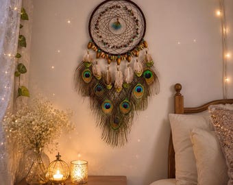 Vintage Peacock Feather Dream Catcher, Boho Wall Hanging Decor, Rustic Bedroom Decor, Birthday Gift, Housewarming Gift
