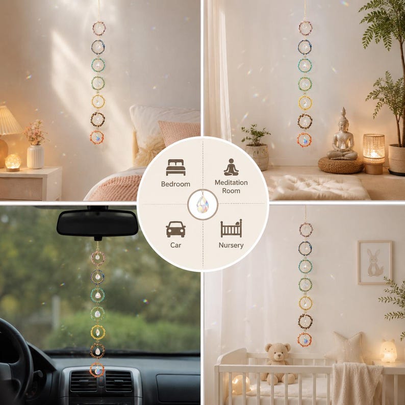 May include: A hanging suncatcher featuring seven circular wire frames adorned with colorful beads and clear crystal pendants. A central circular graphic displays icons for Bedroom, Meditation Room, Car, and Nursery with text labels.